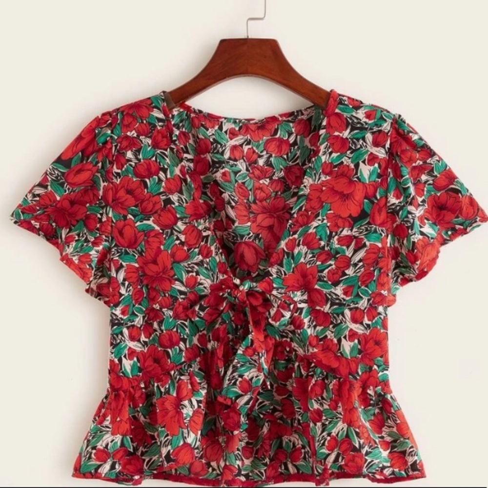 Tie Front Allover Floral Print Peplum Top